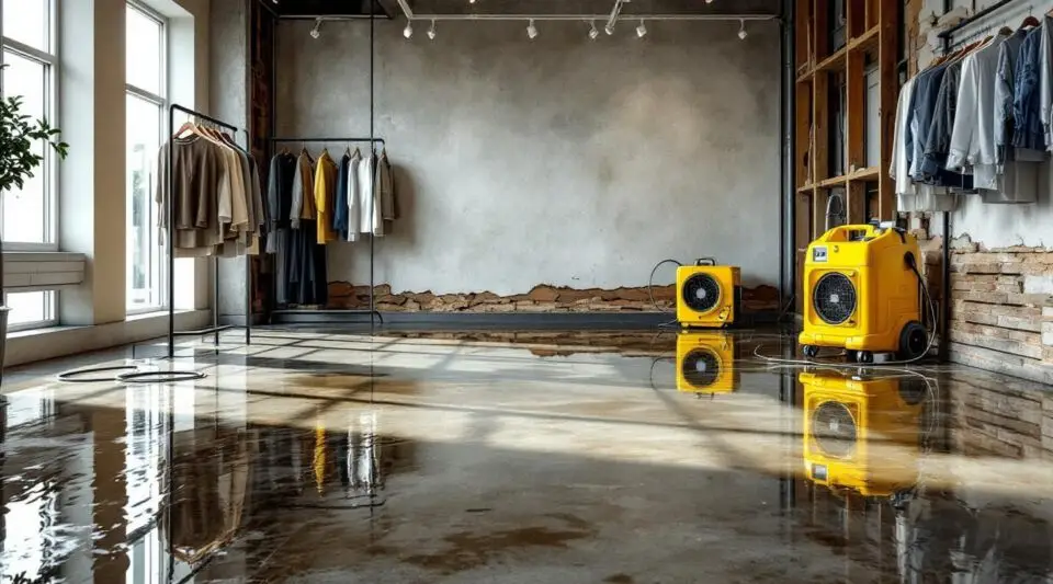 Restoration technicians using industrial water extractors on a flooded retail floor in San Diego to minimize business downtime.