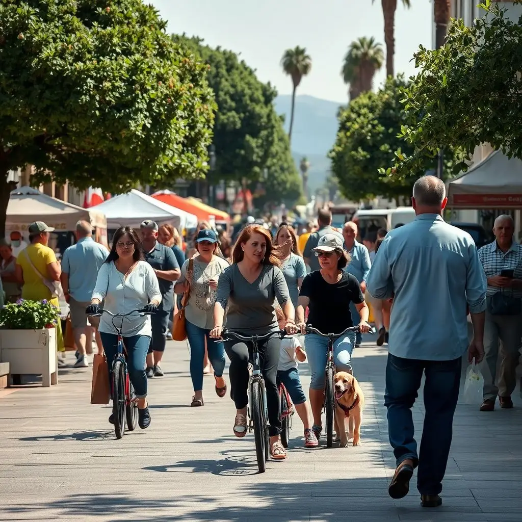A scenic view of the historic La Mesa Village during the golden hour, showing the walkable streets and vintage architecture