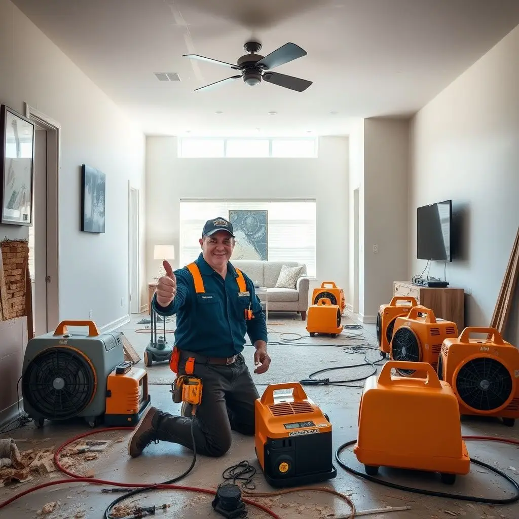 A lead technician using a thermal imaging camera to detect hidden moisture behind a wall in a Del Mar office building.