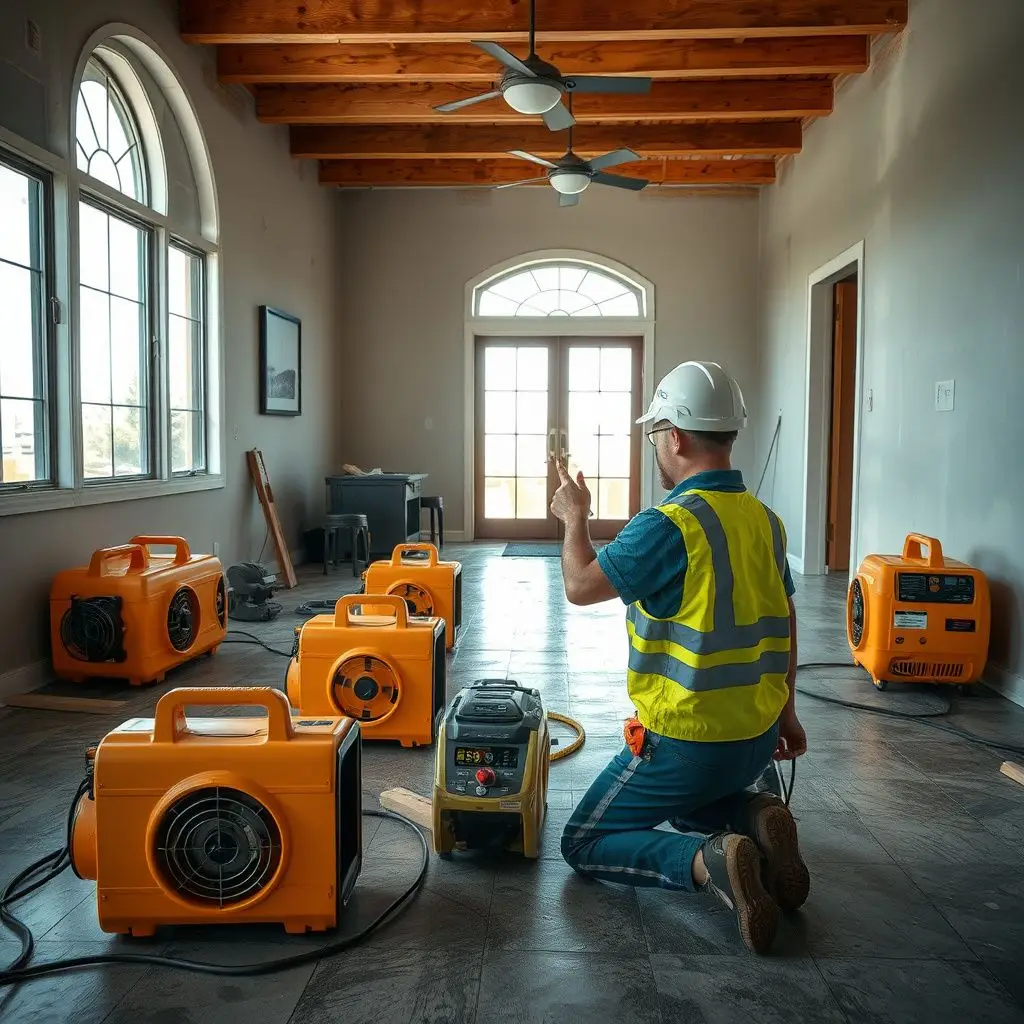 A clean, organized restoration setup with air movers and dehumidifiers running in a local Imperial Beach living room.