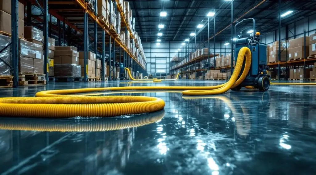 Professional restoration crew using industrial water extractors in a large San Diego commercial warehouse.