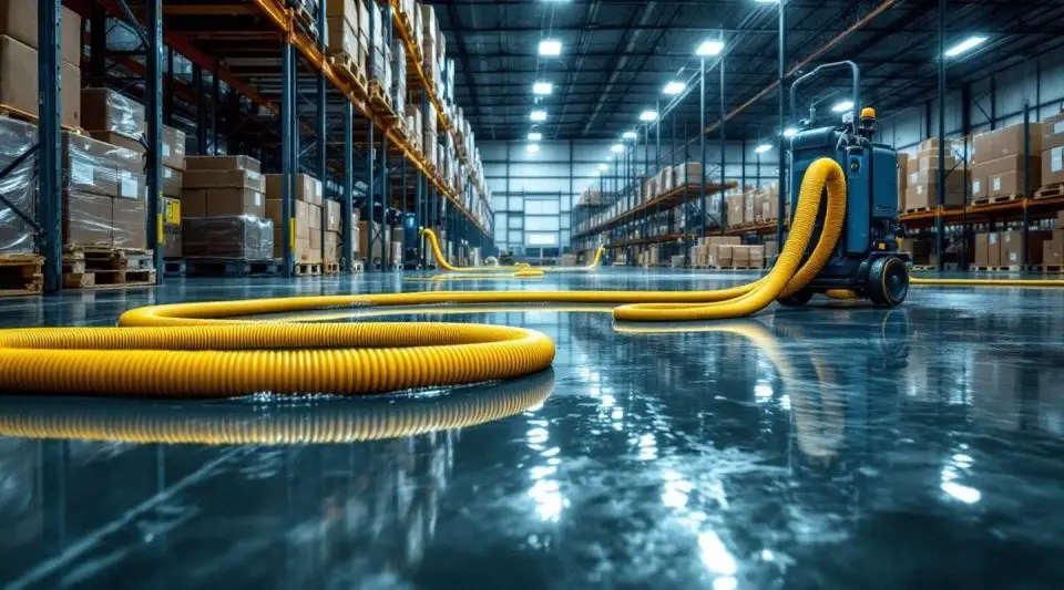 Professional restoration crew using industrial water extractors in a large San Diego commercial warehouse.