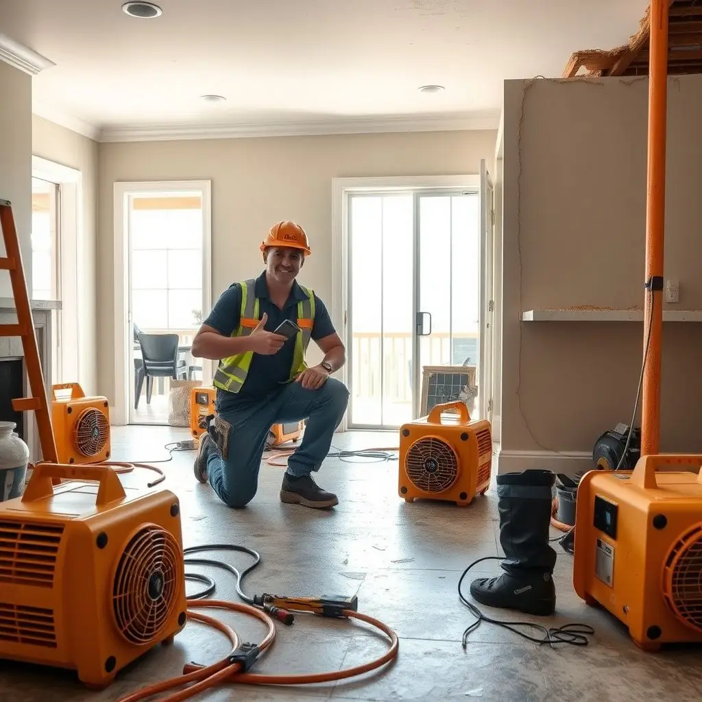 A clean, organized set of industrial air movers and dehumidifiers placed strategically in a modern Solana Beach kitchen.