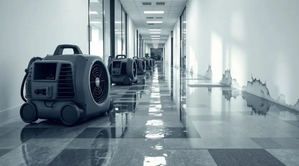 Restoration crew using commercial dehumidifiers and moisture meters in a flooded San Diego high-rise office suite.