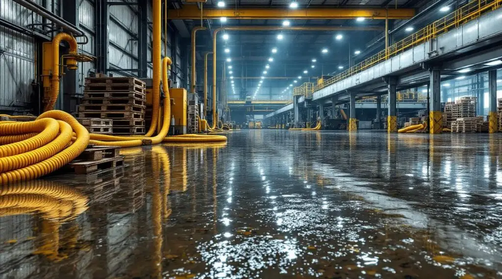 Professional restoration technicians using industrial water extractors in a flooded San Diego warehouse environment.