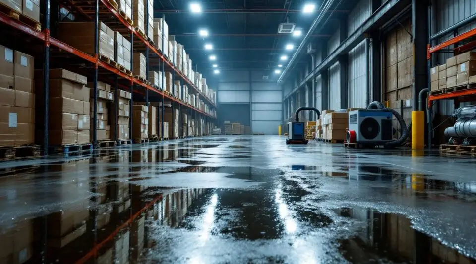 Professional technicians using industrial extractors in a large San Diego warehouse facility to restore water-damaged assets.