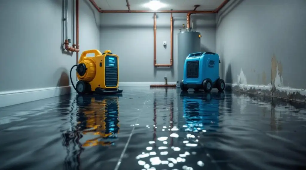 Restoration technician using an industrial water extractor on a residential hardwood floor in a San Diego home.