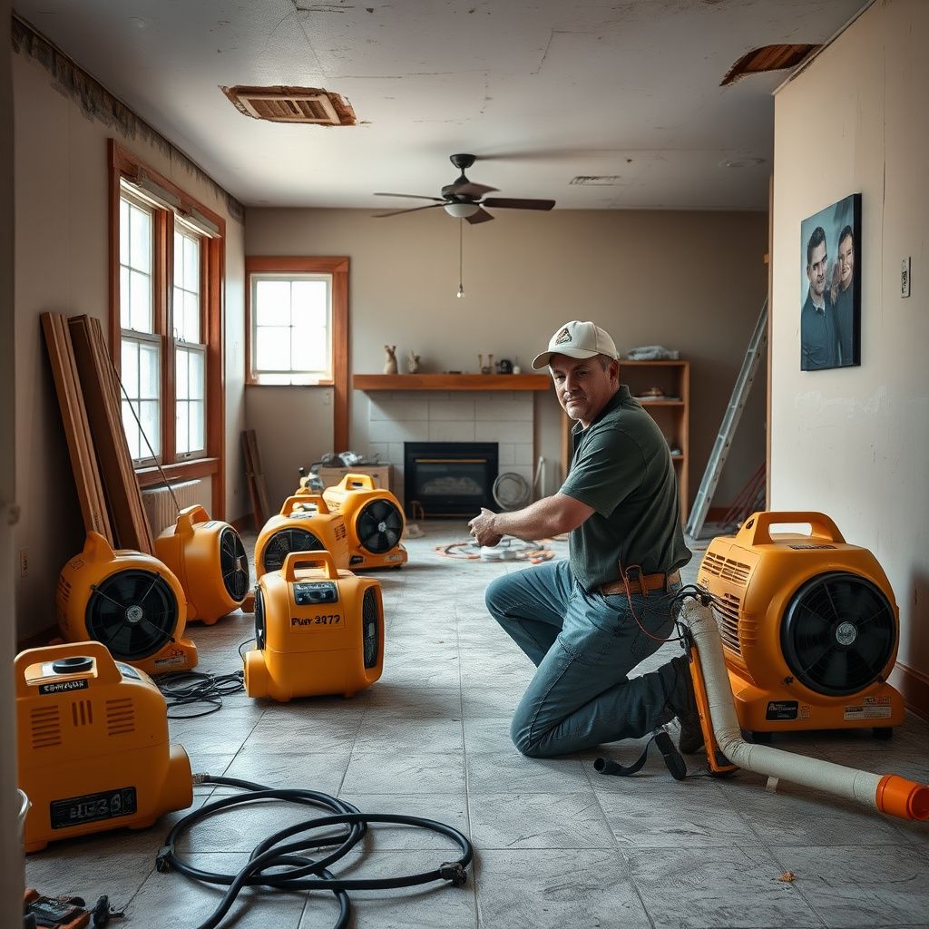 A Cardina Restoration technician inspecting a damp wall with a moisture meter in a New Haven, Indiana home, demonstrating thorough assessment.