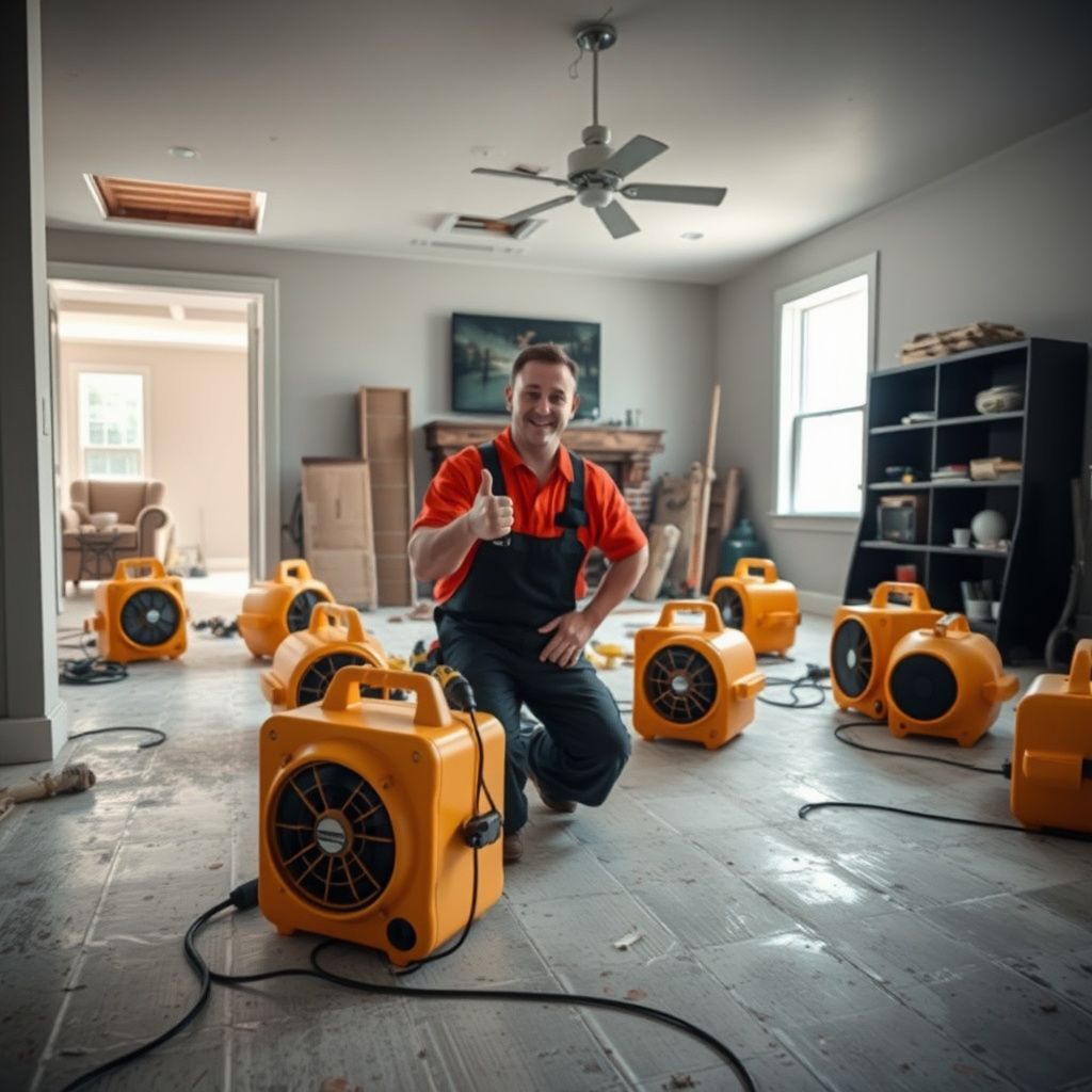 A Cardina Restoration team member discussing moisture readings with a Fort Wayne homeowner in a recently dried basement, showing transparent communication.