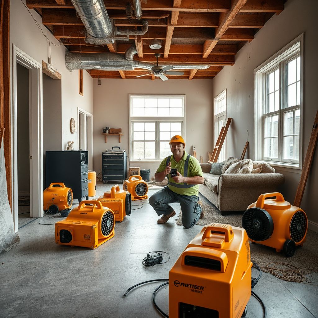 A Cardina Restoration technician discussing a water damage assessment with a homeowner inside a Grabill residence, pointing to a moisture reading.
