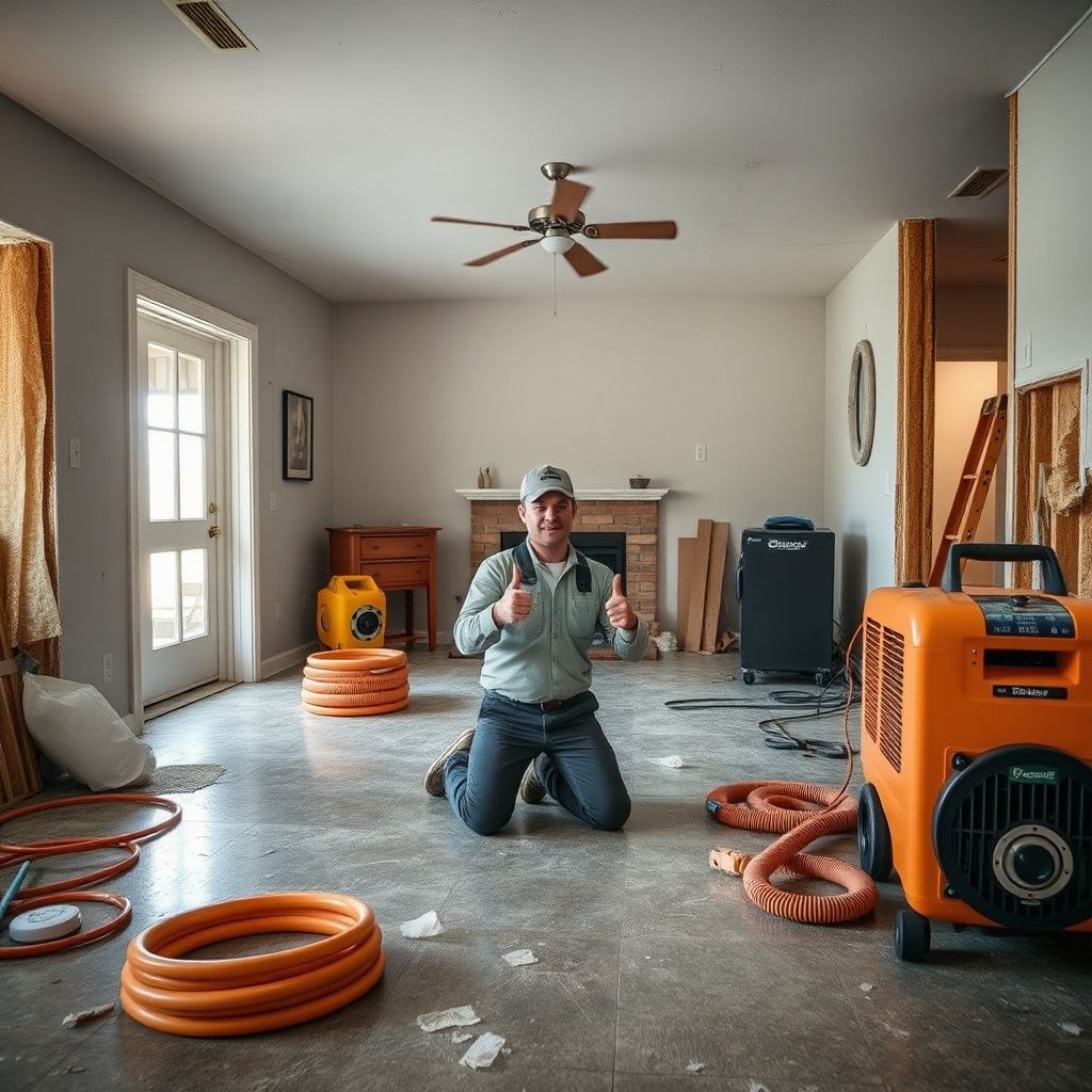 A Cardina Restoration technician explaining the drying process to a homeowner in a clean, restored basement in Leo-Cedarville, showing professional and transparent service.