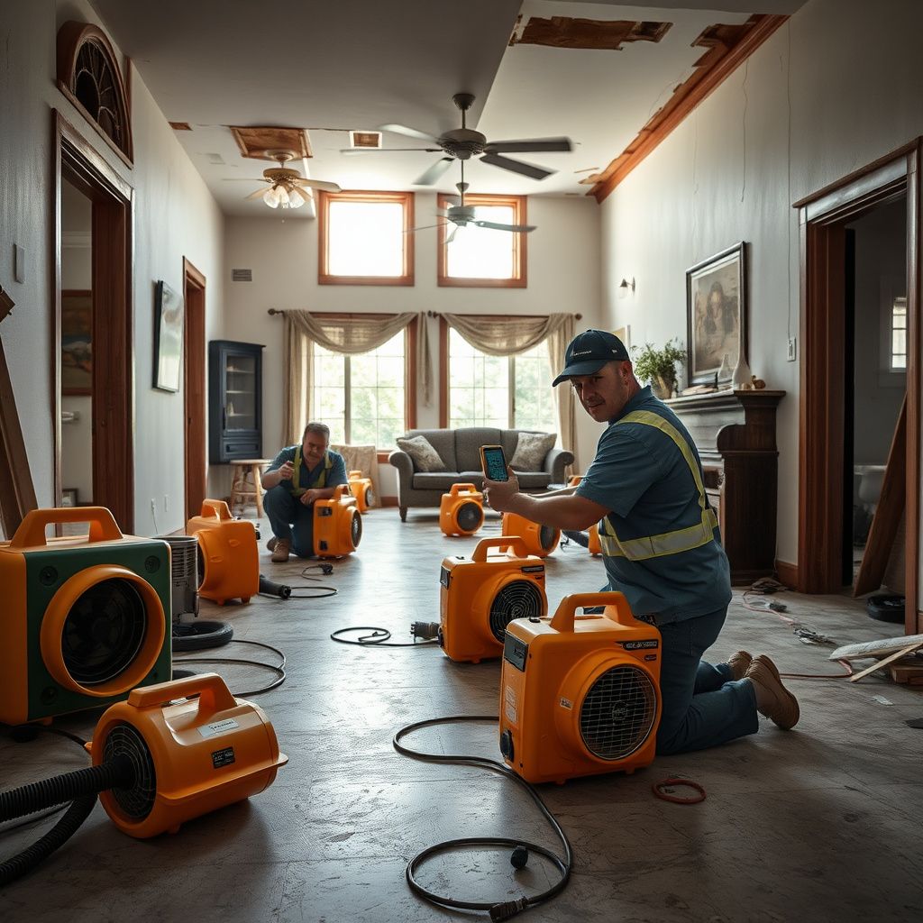 A Cardina Restoration technician explaining moisture readings to an Arcola homeowner in a clean, restored basement, showcasing professional and reassuring service.