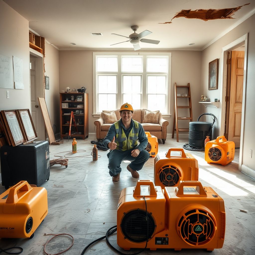 A Cardina Restoration technician explaining the drying process to a homeowner in a clean, restored living room in Huntertown, Indiana.